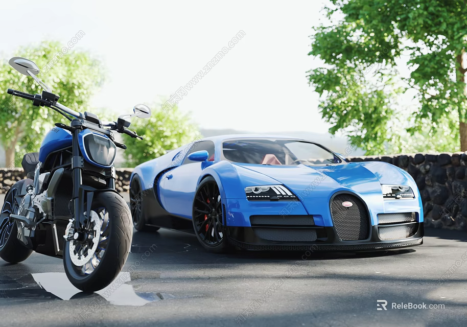 Blue Bugatti Sports Car Parked Next To Motorcycle With Green Trees And Stone Wall 3d model 