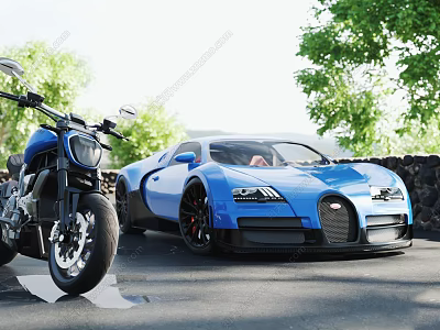 Blue Bugatti Sports Car Parked Next To Motorcycle With Green Trees And Stone Wall 3d model