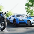 Blue Bugatti Sports Car Parked Next To Motorcycle With Green Trees And Stone Wall