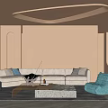 Modern Living Room with Curved Ceiling Lighting City View Neutral Sofa and Teal Accent Chair