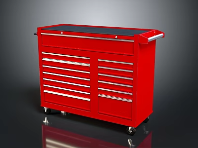 Red Tool Cabinet With Multiple Drawers And Wheels On Top Surface 3d model