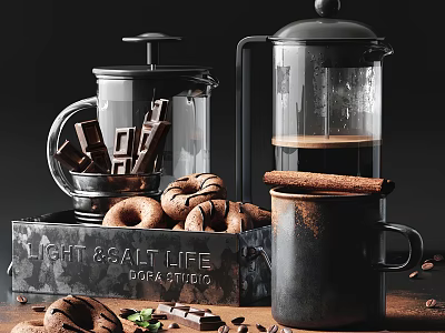 Glass French Press Coffee Maker with Chocolate Sticks Donuts and Cinnamon Sticks in Metal Container 3d model
