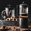 Glass French Press Coffee Maker with Chocolate Sticks Donuts and Cinnamon Sticks in Metal Container