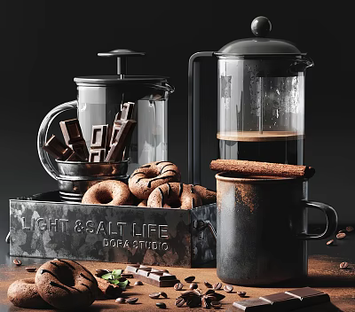 Glass French Press Coffee Maker with Chocolate Sticks Donuts and Cinnamon Sticks in Metal Container 3d model