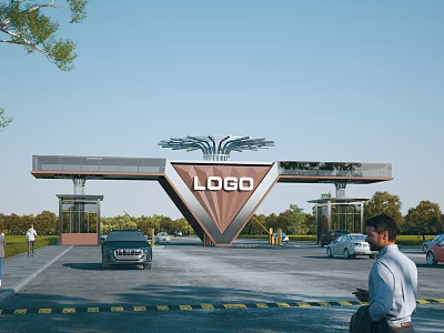 Modern Entrance Gate With LOGO And Cars In Driveway Under Clear Sky Surrounded By Trees 3d model