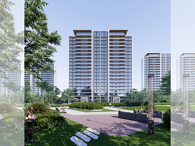 Modern High Rise Residential Complex With Green Spaces Walkways And Leisure Area 3d model