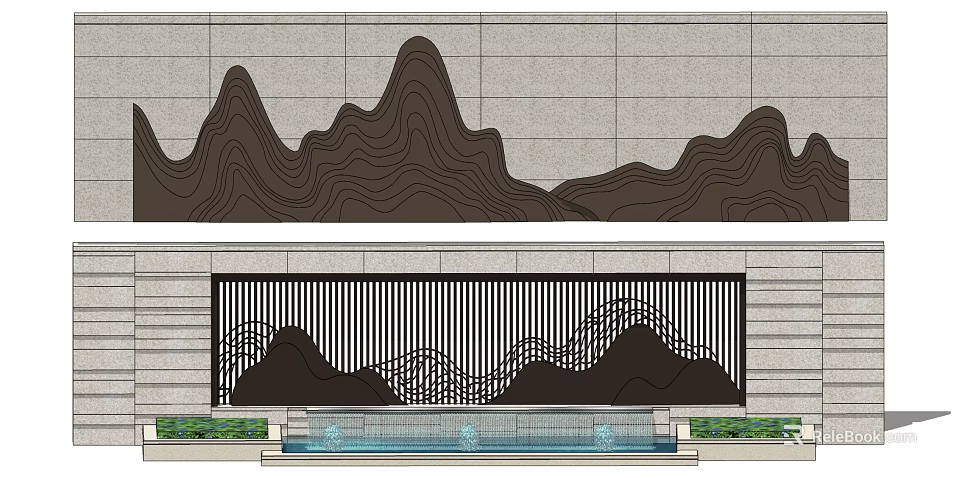 Chinese Style Feature Wall With Mountain Pattern And Metal Grille Design 3d model