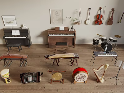 Collection of Musical Instruments and Art Supplies Including Piano Violin Drum Set and Art Frames 3d model