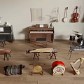 Collection of Musical Instruments and Art Supplies Including Piano Violin Drum Set and Art Frames