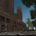 Vibrant Commercial Street with Red Brick Buildings High Rise Towers Trees and Fountain