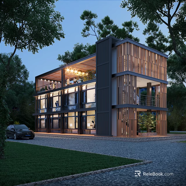 Modern Boutique Guesthouse Building With Wooden Facade Glass Windows And Natural Tree Surroundings 3d model 