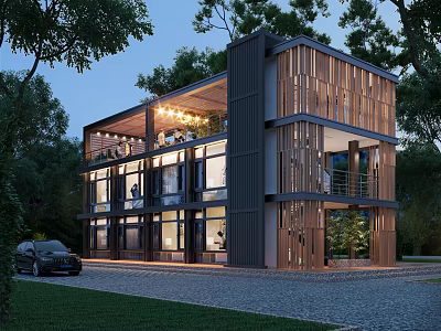 Modern Boutique Guesthouse Building With Wooden Facade Glass Windows And Natural Tree Surroundings 3d model