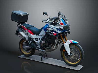 Red Blue White Adventure Motorcycle With Black Luggage Box Gold Wheels And Black Seat 3d model