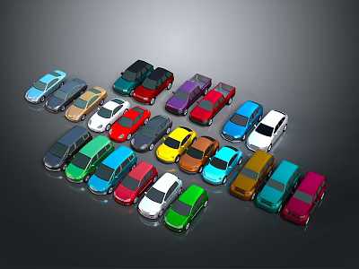 Colorful Small Car Models In Various Colors Arranged On Dark Background 3d model