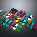 Colorful Small Car Models In Various Colors Arranged On Dark Background