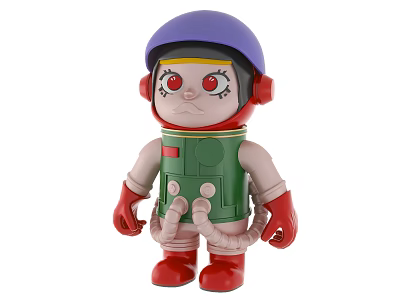 Stylish Doll With Purple Helmet Red Eyes Green Uniform Red Gloves And Red Boots 3d model