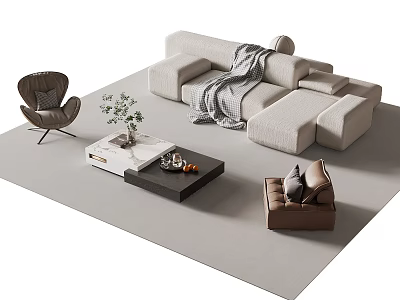 Modern Beige Sectional Sofa Set With Accent Chairs Coffee Table And Throw Blanket 3d model