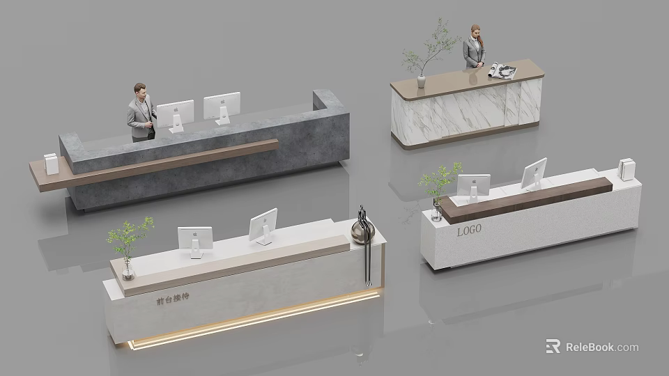 Modern Reception Desk Designs With Marble Countertop Wooden Accents Potted Plants And Computer Monitors 3d model 