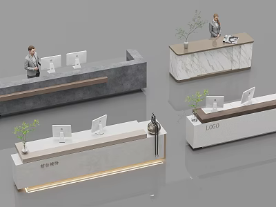 Modern Reception Desk Designs With Marble Countertop Wooden Accents Potted Plants And Computer Monitors 3d model