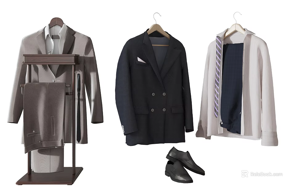Men's Formal And Casual Clothing Display With Suits Jackets Ties Coats And Shoes 3d model 