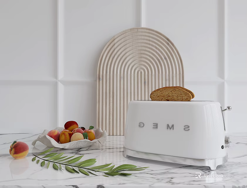White SMEG Toaster on Marble Countertop with Fruits Wooden Board and Fresh Leaves 3d model 