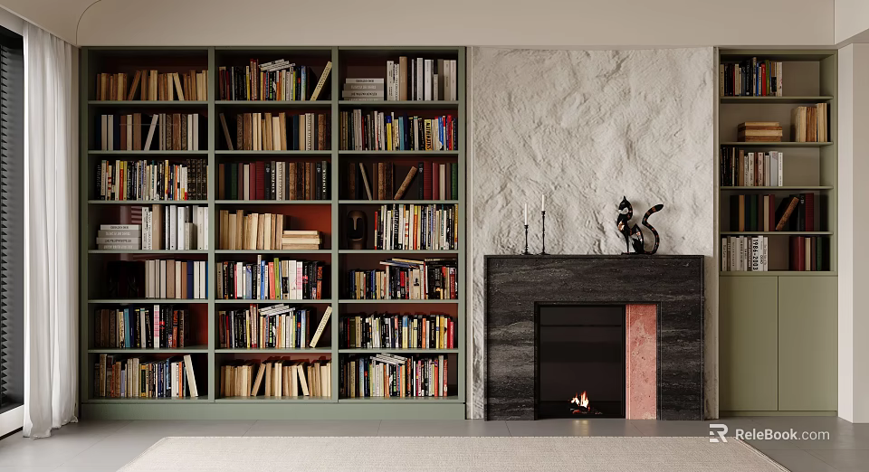 Built In Green Bookcases Filled With Colorful Books Near Stone Fireplace With Decor 3d model 