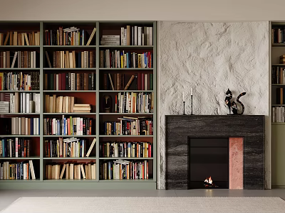 Built In Green Bookcases Filled With Colorful Books Near Stone Fireplace With Decor 3d model