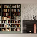 Built In Green Bookcases Filled With Colorful Books Near Stone Fireplace With Decor