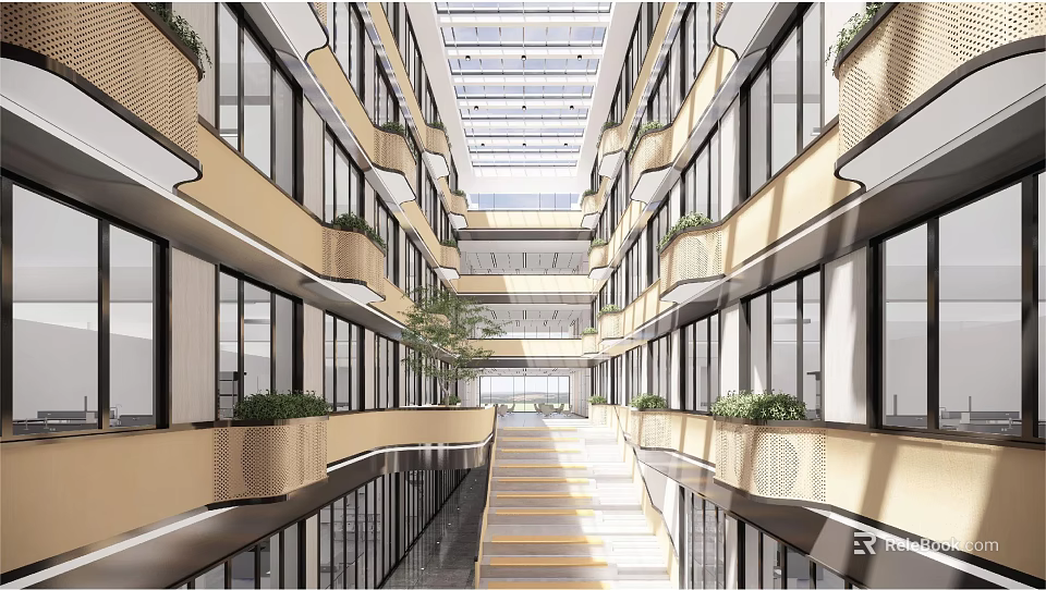 Multi Level Building Atrium Interior With Glass Curtain Walls Green Plants And Staircase 3d model 