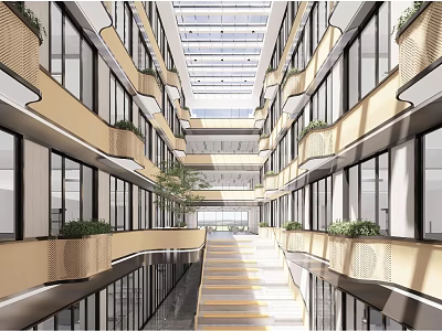 Multi Level Building Atrium Interior With Glass Curtain Walls Green Plants And Staircase 3d model
