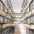 Multi Level Building Atrium Interior With Glass Curtain Walls Green Plants And Staircase