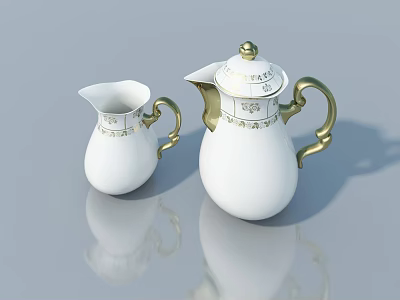 White Porcelain Teapot and Milk Jug with Gold Accents on Gray Reflective Background 3d model