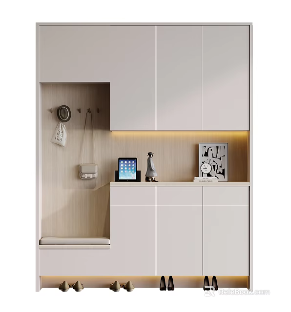 Modern Shoe Cabinet With Lighted Shelf Storage Hooks And Decorative Items 3d model