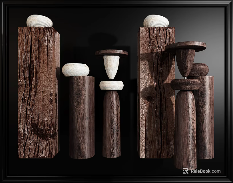Natural Wooden Decorative Ornament Set With Stone Accents For Modern Home Decoration 3d model 
