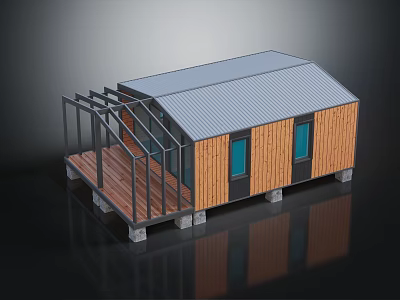 Modern Small House Structure With Wooden Walls Metal Roof Large Glass Windows And Wooden Deck 3d model