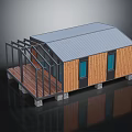 Modern Small House Structure With Wooden Walls Metal Roof Large Glass Windows And Wooden Deck