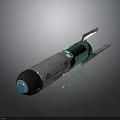 Military Weapon Featuring Silver Body Green Section Black Base Blue Component and Metal Fins Design