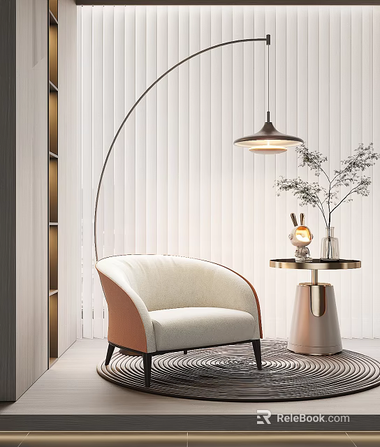 Beige Single Seater Sofa With Brown Armrests Black Legs Round Side Table And Arched Lamp 3d model 
