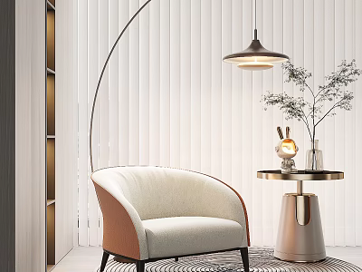 Beige Single Seater Sofa With Brown Armrests Black Legs Round Side Table And Arched Lamp 3d model