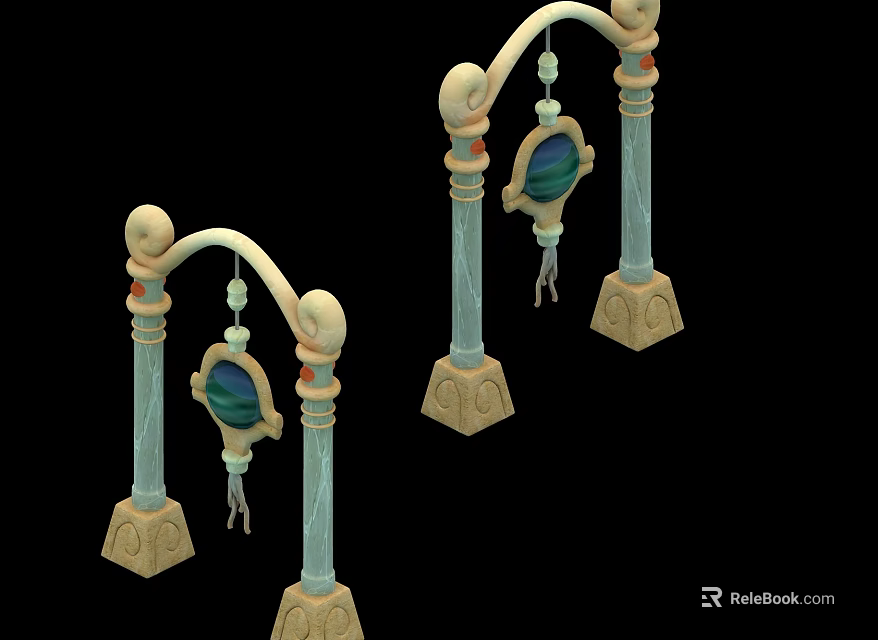 Light Green Columnar Decorative Furniture With Carved Base And Hanging Round Ornaments 3d model 