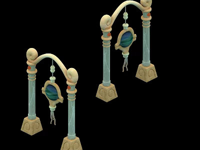 Light Green Columnar Decorative Furniture With Carved Base And Hanging Round Ornaments 3d model
