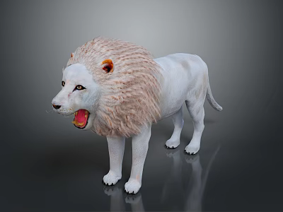 Realistic White Lion Standing with Open Mouth and Fluffy Mane on Dark Reflective Surface 3d model