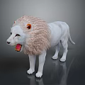 Realistic White Lion Standing with Open Mouth and Fluffy Mane on Dark Reflective Surface