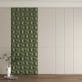 Green Geometric Pattern 3D Textured Wall for Modern Interior with Light Cabinets and Wooden Floor