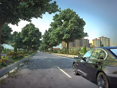 Municipal Road Lined With Lush Trees And Greenery Featuring Passing Cars Near Buildings 3d model
