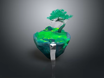 Lush Green Floating Rock Island With Curved Tree Grass And Waterfall Reflection 3d model