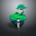 Lush Green Floating Rock Island With Curved Tree Grass And Waterfall Reflection