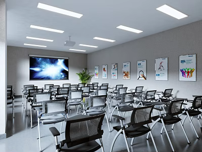 Modern Conference Room Interior With Large Projection Screen Wall Posters And Green Plant 3d model