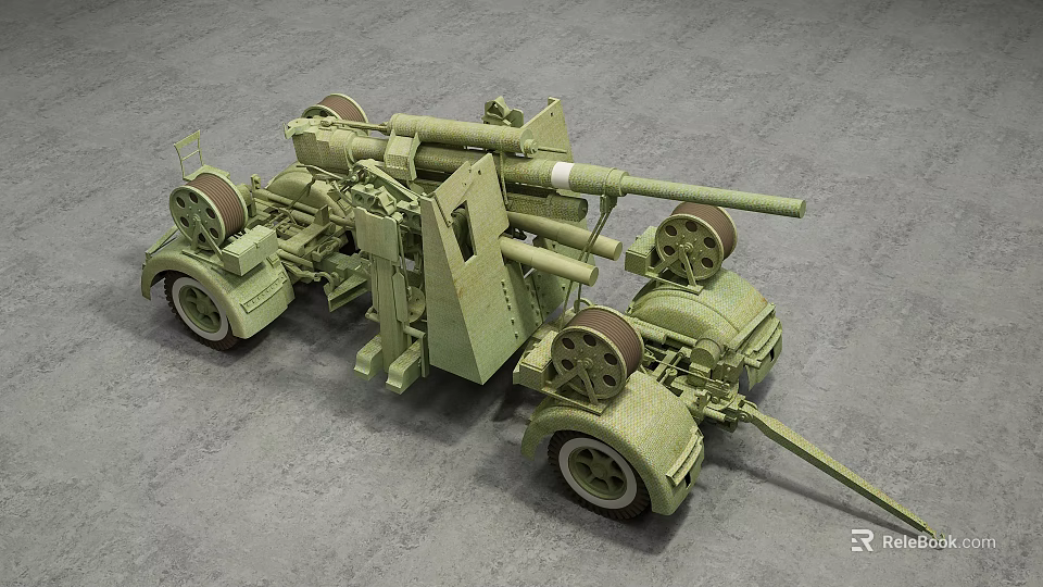 Vintage Green Military Cannon Model With Towed Wheels And Detailed Structure 3d model 