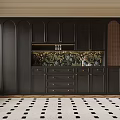 Elegant Modern Black Sideboard With Golden Handles Floral Pattern Backsplash And Cabinets